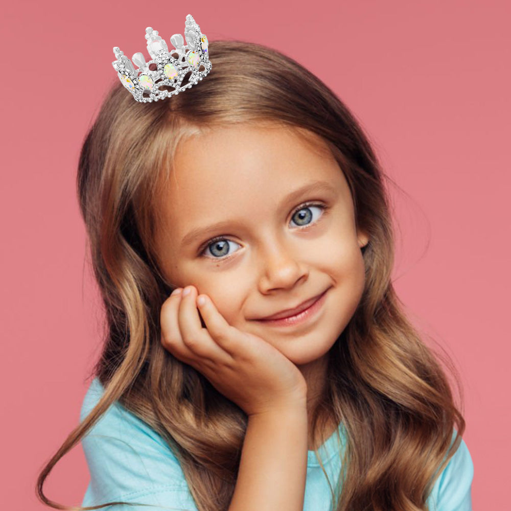 Madeline Love AB, Silver Crystal Oval Accented Rhinestone Pave Mini Crown Tiara - Hair Accessories