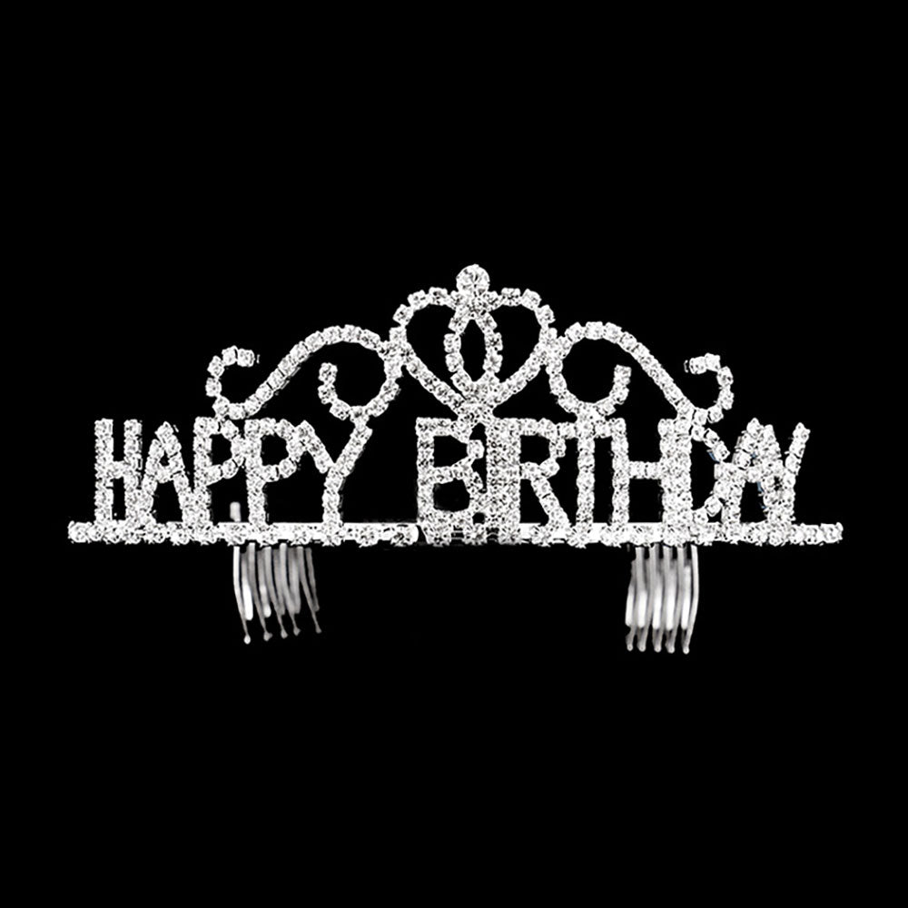 Madeline Love Clear, Silver Happy birthday rhinestone tiara - Hair Accessories - desc