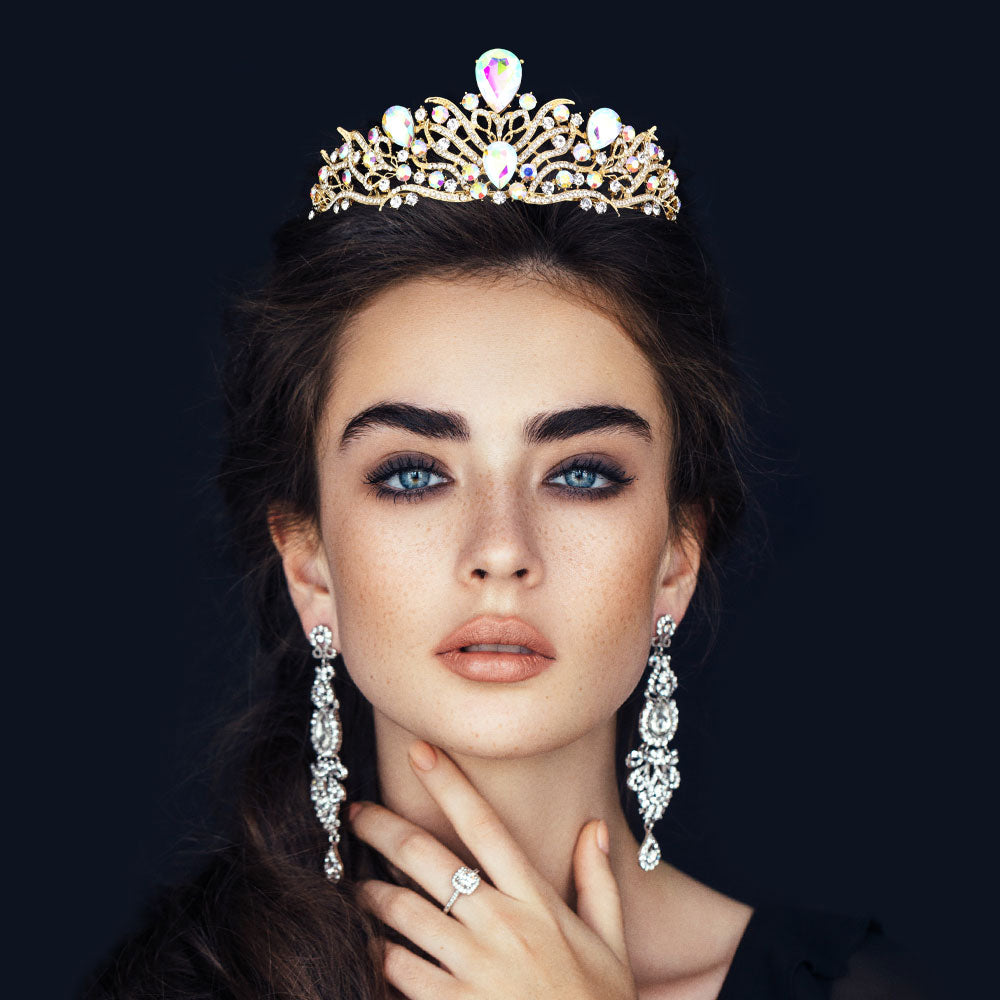 Madeline Love AB, Clear, Gold Teardrop Stone Accented Pageant Princess Tiara - Hair Accessories