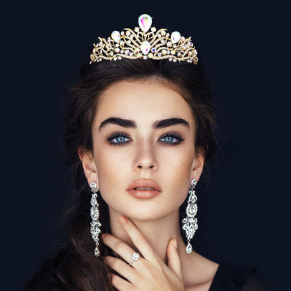 Madeline Love AB, Clear, Gold Teardrop Stone Accented Pageant Princess Tiara - Hair Accessories