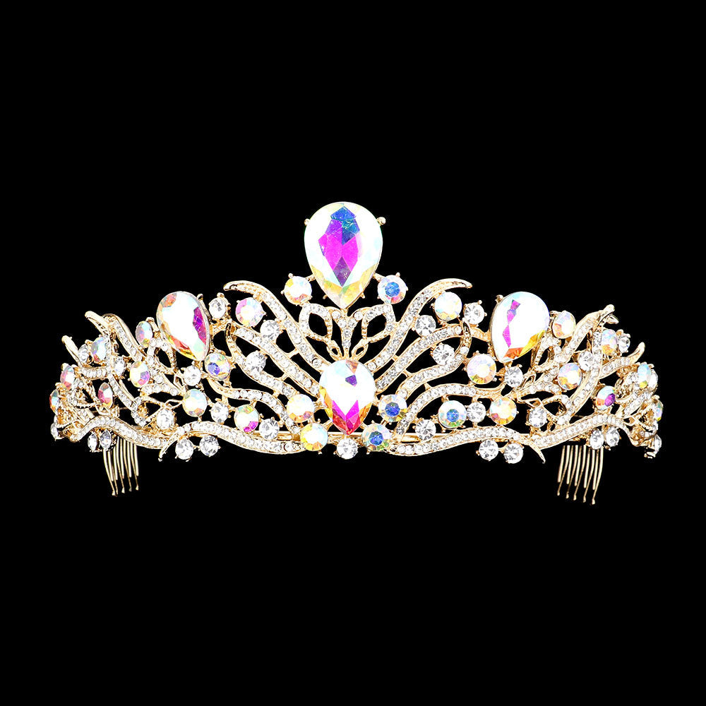 Madeline Love AB, Clear, Gold Teardrop Stone Accented Pageant Princess Tiara - Hair Accessories - desc