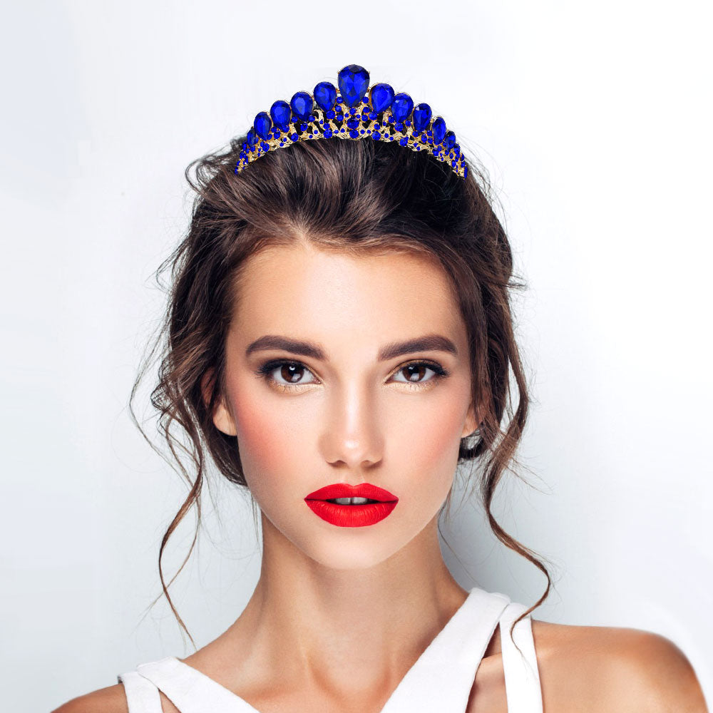 Madeline Love Gold, Sapphire Teardrop Cluster Accented Princess Tiara - Hair Accessories