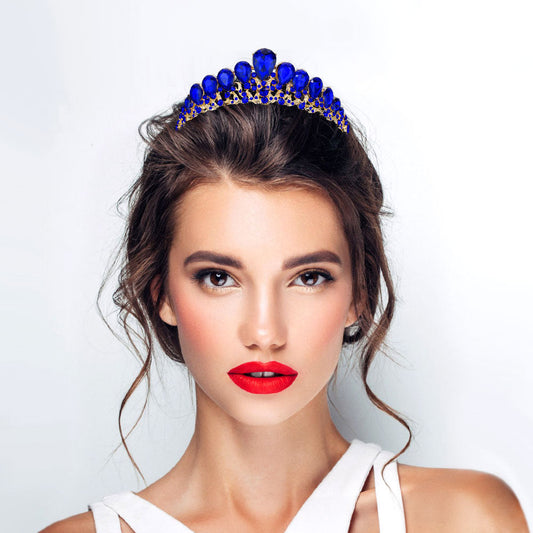 Madeline Love Gold, Sapphire Teardrop Cluster Accented Princess Tiara - Hair Accessories