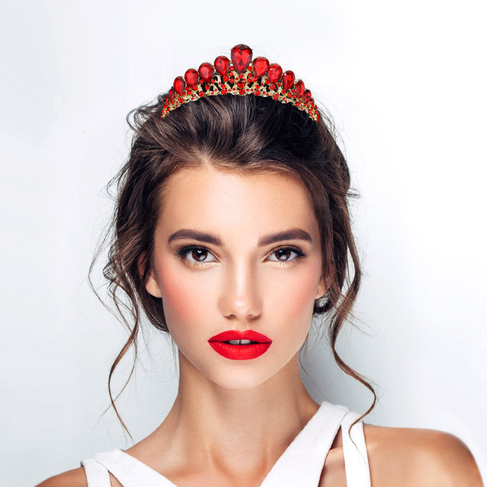 Madeline Love Gold, Siam Teardrop Cluster Accented Princess Tiara - Hair Accessories