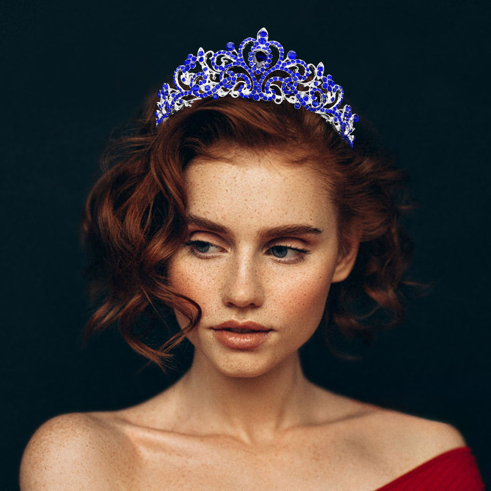 Madeline Love Sapphire, Silver Teardrop Stone Pointed Rhienstone Paved Princess Tiara - Hair Accessories