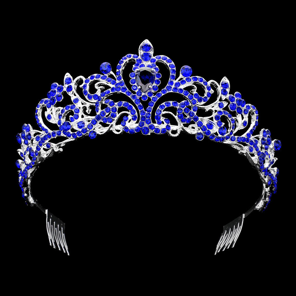 Madeline Love Sapphire, Silver Teardrop Stone Pointed Rhienstone Paved Princess Tiara - Hair Accessories - desc