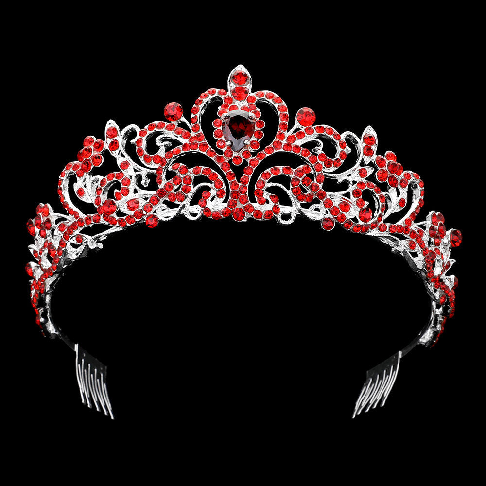 Madeline Love Siam, Silver Teardrop Stone Pointed Rhienstone Paved Princess Tiara - Hair Accessories - desc