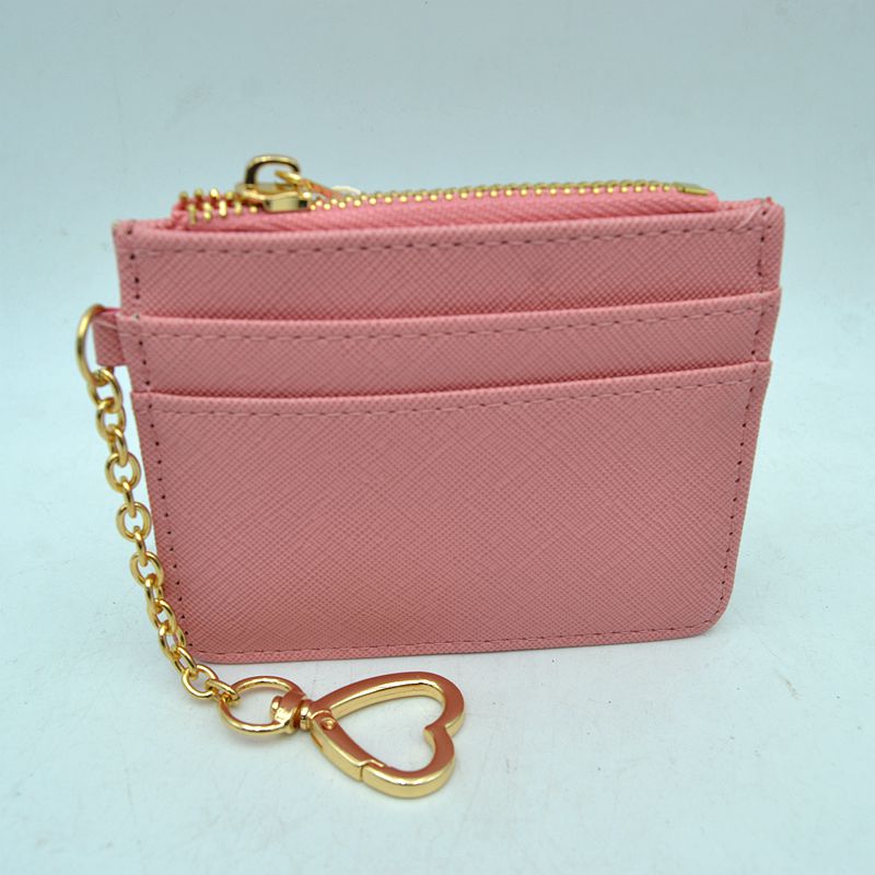 Slim Card Holder Wallet with Zipper Pocket and Heart Keyring - Baby Pink - Bags & Wallets