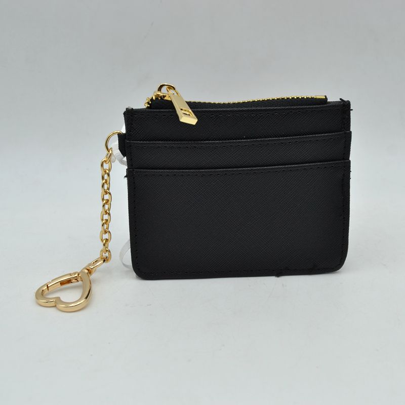 Slim Card Holder Wallet with Zipper Pocket and Heart Keyring - Black - Bags & Wallets