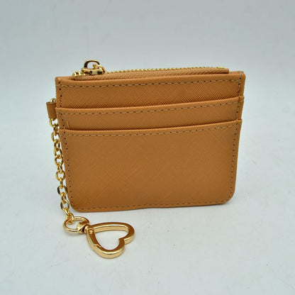 Slim Card Holder Wallet with Zipper Pocket and Heart Keyring - Camel - Bags & Wallets