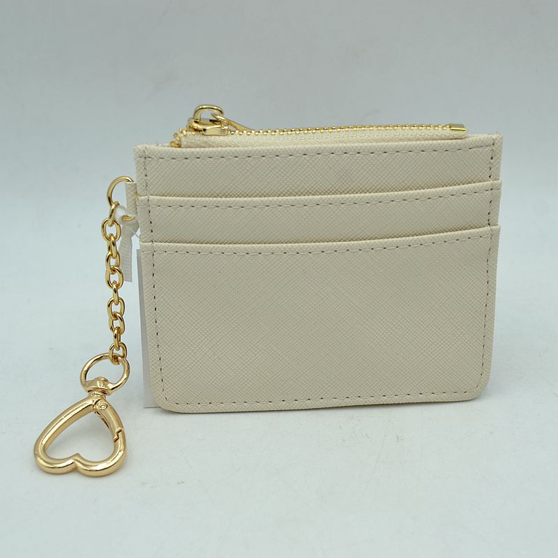 Slim Card Holder Wallet with Zipper Pocket and Heart Keyring - Ivory - Bags & Wallets