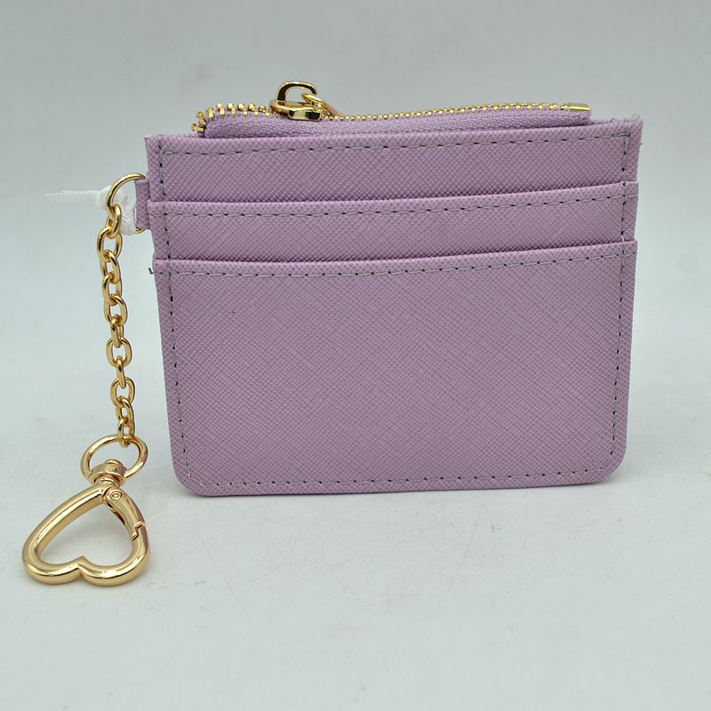 Slim Card Holder Wallet with Zipper Pocket and Heart Keyring - Lavender - Bags & Wallets