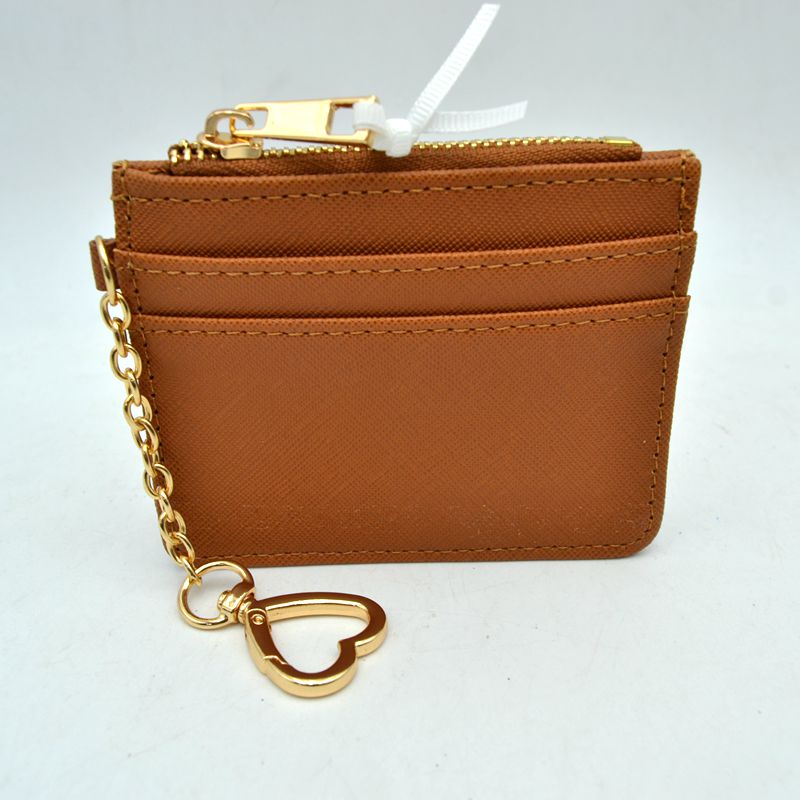 Slim Card Holder Wallet with Zipper Pocket and Heart Keyring - Light Brown - Bags & Wallets