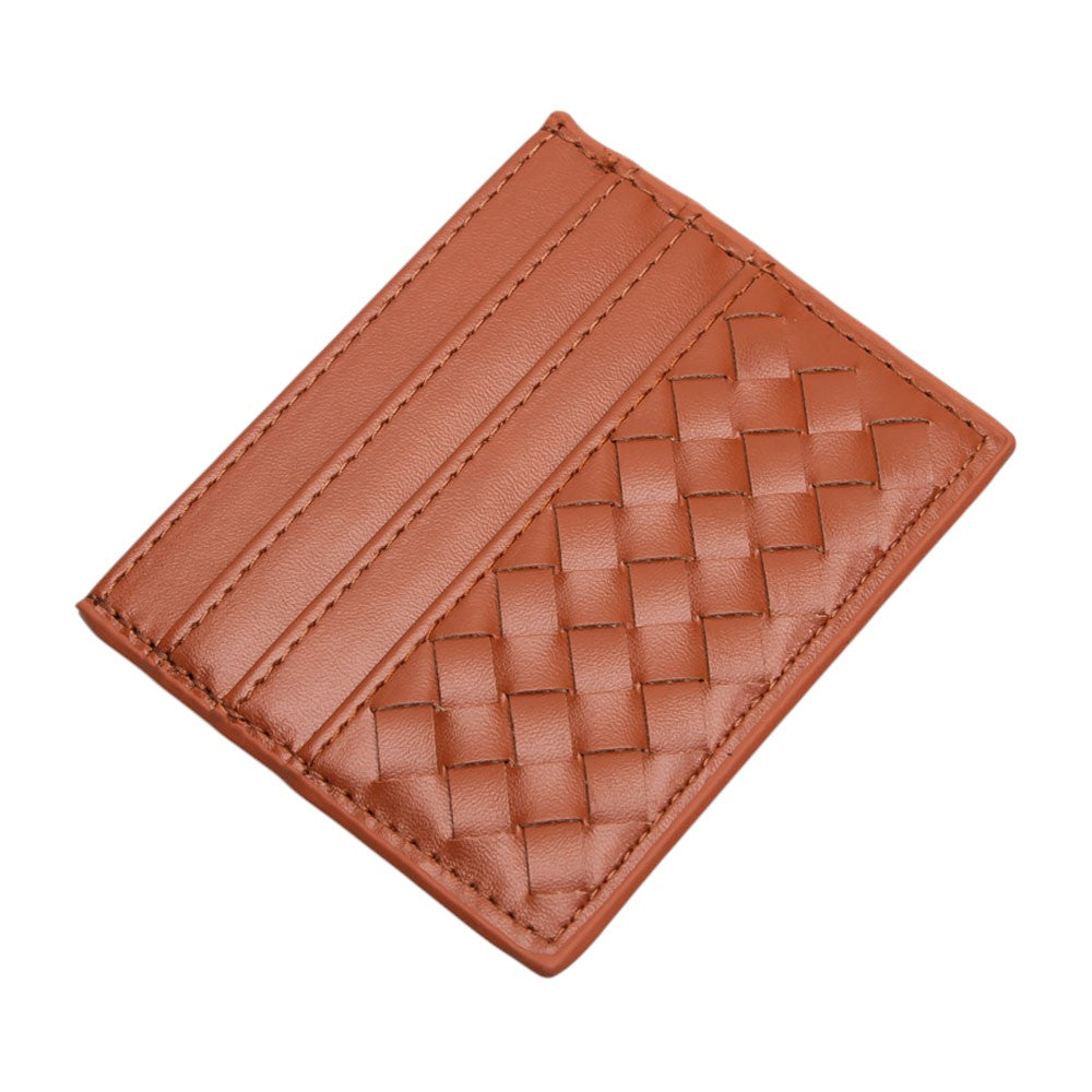 Tan Faux Leather Basket Weave Card Holder Wallet boasts a stylish basket weave design. Made from durable materials, it can securely hold multiple cards and cash while keeping a slim profile. Perfect for those looking for a sophisticated and functional accessory.