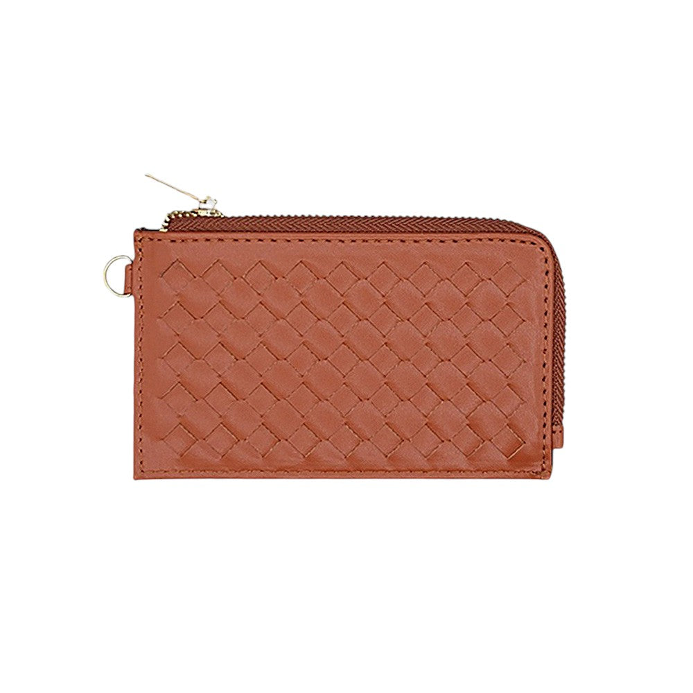 Faux Leather Basket Weave Flat Card Holder Wallet with Wristlet - Tan - Wallets