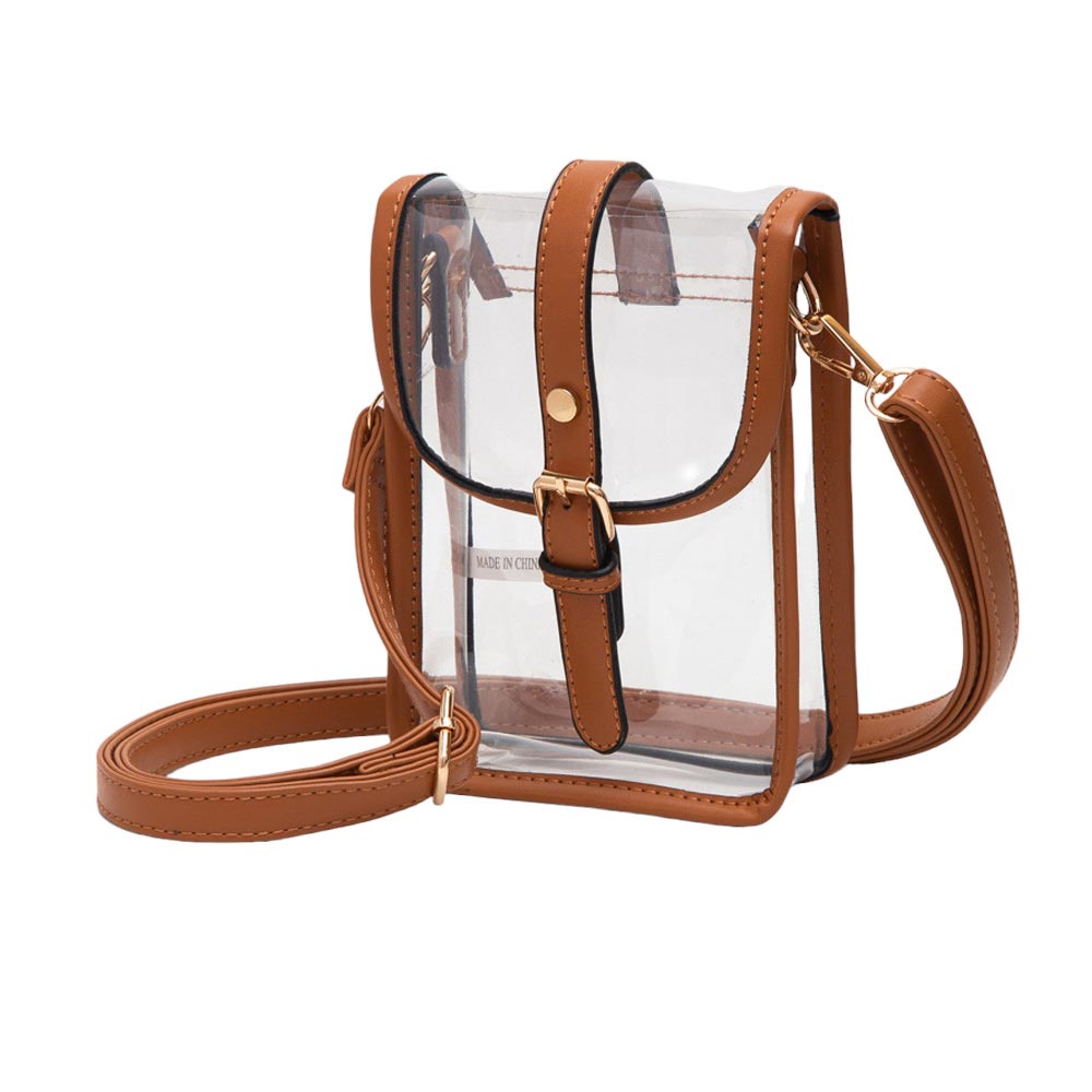 Tan-Faux Leather Belt Buckle Pointed Transparent Crossbody Bag , Expertly crafted from faux leather, this crossbody bag features a unique pointed design and transparent material, making it a modern and fashionable accessory. The belt buckle adds a touch of edginess, while the spacious interior allows for convenient storage