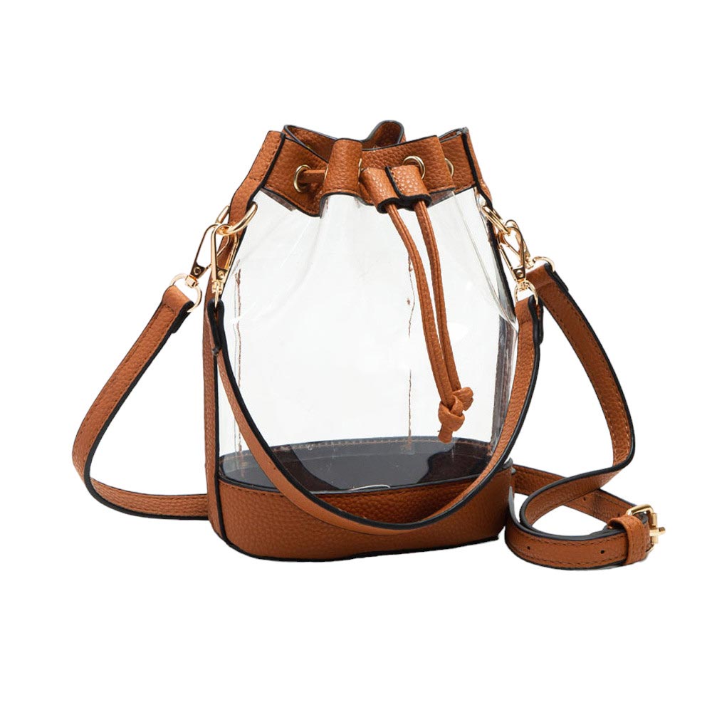 Tan-Solid Faux Leather Transparent Bucket Bag, The perfect accessory for your daily needs. Made of durable and trendy faux leather, this bag features a unique transparent design, allowing you to easily access your items while adding a touch of style to your outfit.