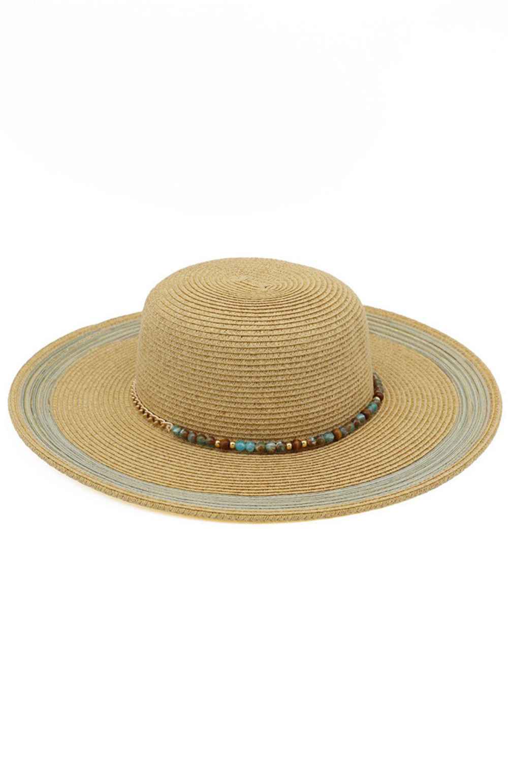 Tan Protect yourself in style with this charming summer straw sun hat, featuring a striking turquoise stone-beaded band. Crafted from a breathable blend of 80% paper and 20% polyester, it offers lightweight comfort for all-day wear. The UPF 50+ UV protection shields your face and neck from harmful sun rays, making it perfect for beach days, outdoor events, and sunny adventures. Whether you're lounging poolside or exploring a new destination, this versatile hat combines practical sun protection with effortle