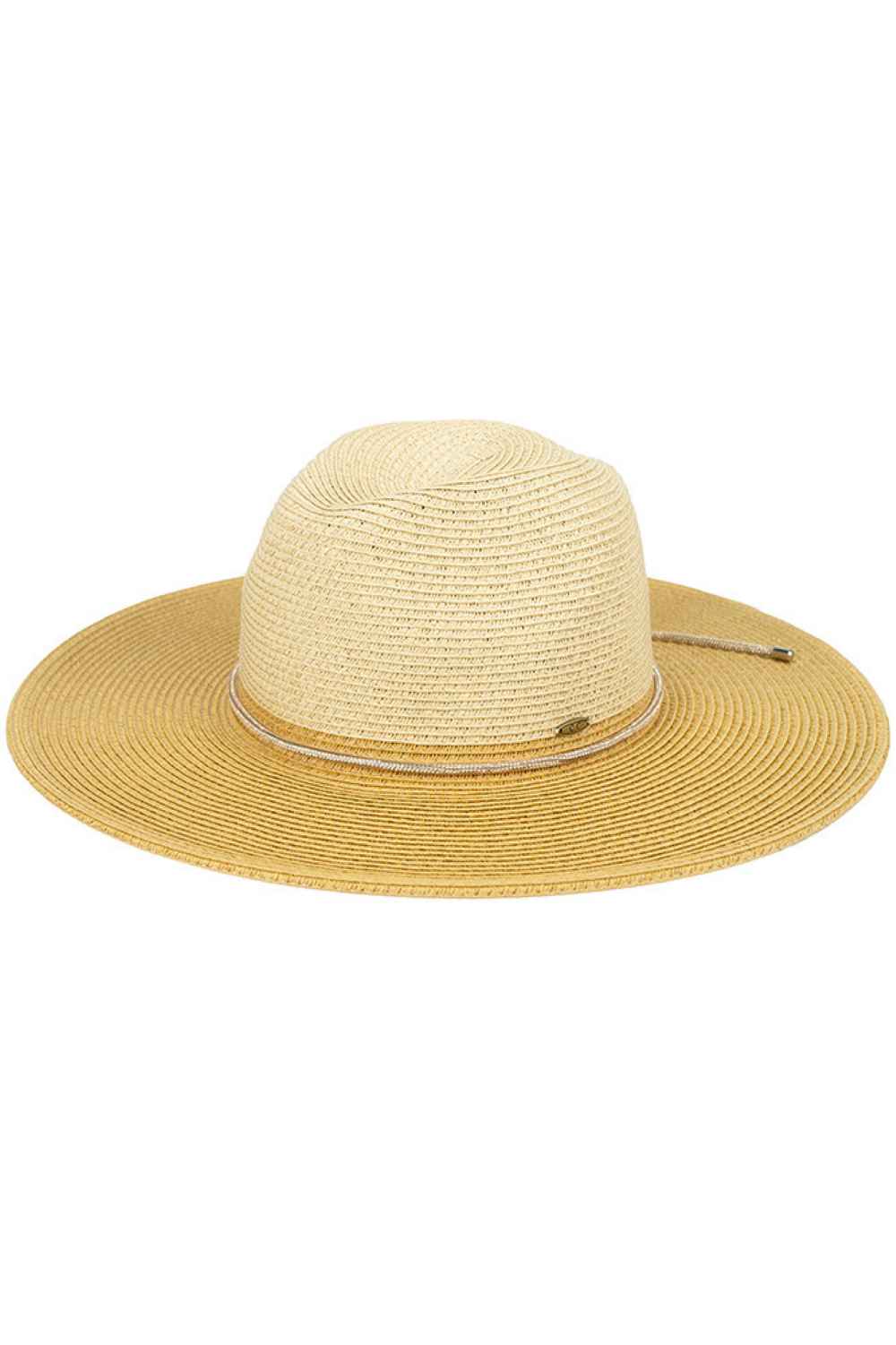 Tan The C.C Two Tone Panama Sun Hat combines classic style with practical sun protection. Crafted from a breathable blend of 80% paper and 20% polyester, this lightweight hat keeps you cool during warm weather while maintaining its shape. The two-tone design adds visual interest, complemented by a decorative band around the crown. With a 4" brim and 4" crown height, this hat offers excellent UV coverage for your face and neck. The generous 22.6" circumference fits most head sizes comfortably. One-size-fits-