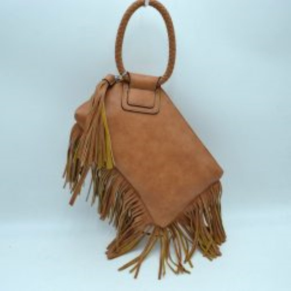 Tan This everyday clutch bag features a smooth, structured body prominently styled with long cascading fringe accents along the lower trim and side panel. Designed for convenient hand carrying, it is equipped with a distinctively braided, circular top handle anchored securely to a reinforced upper flap. The main storage compartment features a secure top zipper closure with metallic teeth