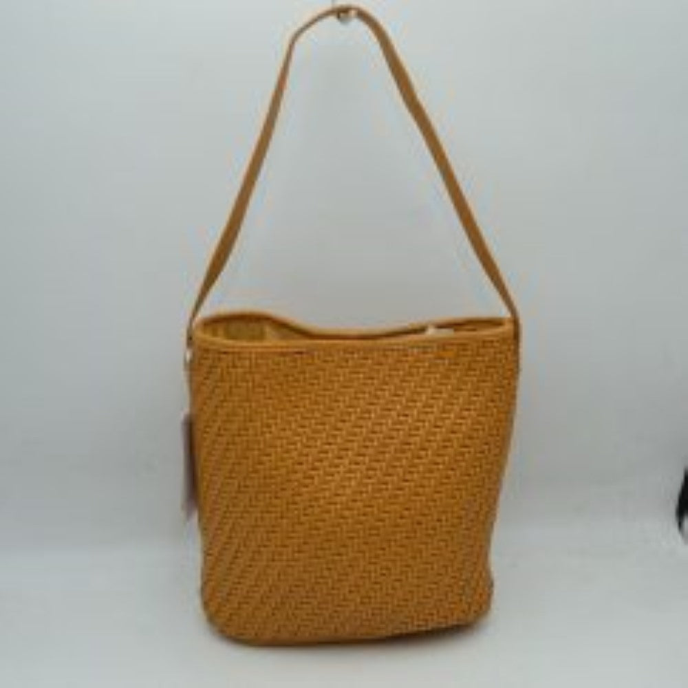 Tan This everyday hobo bag features an all-over classic basket-weave design and a relaxed, structured bucket silhouette. It is crafted with a single wide matching shoulder strap attached securely to the top panels, allowing for comfortable hand or shoulder carrying. The spacious main storage compartment features a slight dip-top opening, making it an ideal choice for organized daily use.