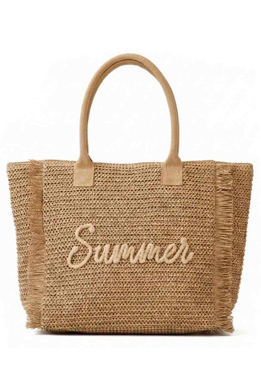 Tan Carry summer in style with this charming woven straw tote. Featuring playful "SUMMER" lettering accented with shimmering gold lurex thread, it's finished with a trendy fringe trim for extra flair. The spacious 13.5" x 14" x 5" design holds all your essentials, while the secure zipper closure and inner pocket keep everything organized. Crafted from 100% paper straw, it's lightweight and perfect for beach days, farmers markets, or casual outings. A versatile accessory that blends function with fun.