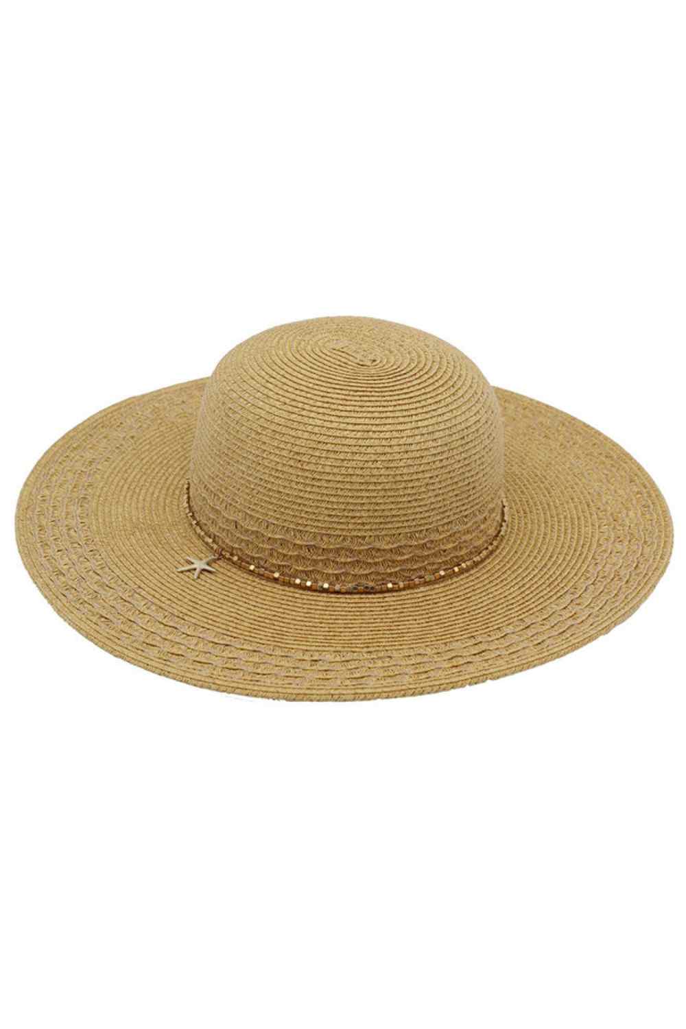 Tan Embrace summer style with this charming wide-brim straw sun hat, featuring a delicate starfish charm and beaded band detail. Crafted from a breathable blend of 80% paper and 20% polyester, it offers lightweight comfort for all-day wear. The generous brim provides excellent sun coverage, while UPF 50+ protection shields your skin from harmful rays. Perfect for beach days, outdoor adventures, or casual summer outings. A versatile accessory that combines fashion and function.