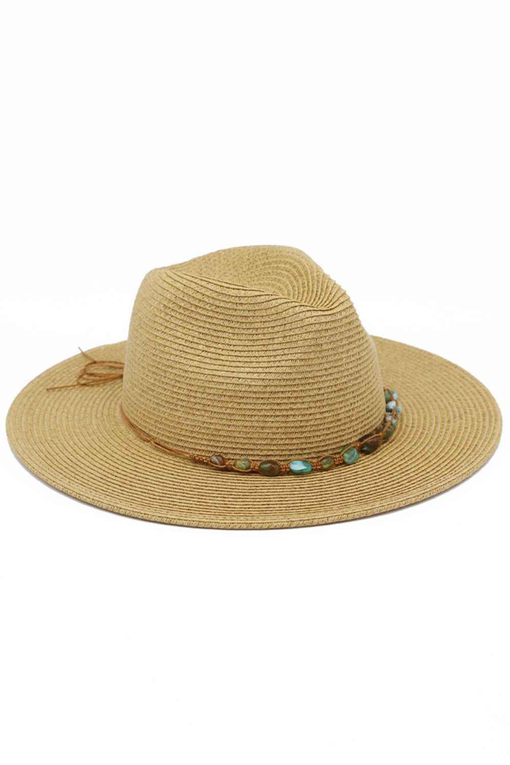 Tan Shield yourself from the sun in style with this summer straw fedora. Crafted from a breathable blend of 80% paper and 20% polyester, it offers lightweight comfort for warm-weather days. The turquoise stone band adds a vibrant pop of color to any outfit. With UPF 50+ protection, you'll stay safe from harmful rays while enjoying the outdoors. Perfect for beach trips, garden parties, or casual summer adventures.