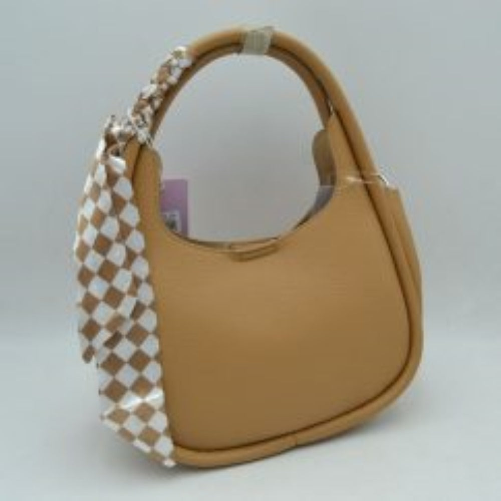 Tan Embrace a sleek, modern aesthetic with this beautifully contoured hobo shoulder bag, designed to add an effortless touch of class to your collection. Featuring a classic crescent-shaped silhouette and a premium pebble-textured finish, this handbag provides excellent durability while maintaining its upscale, structured look. The sleek top shoulder strap is chicly wrapped with a removable checkerboard print accent scarf, offering a subtle nod to vintage elegance.