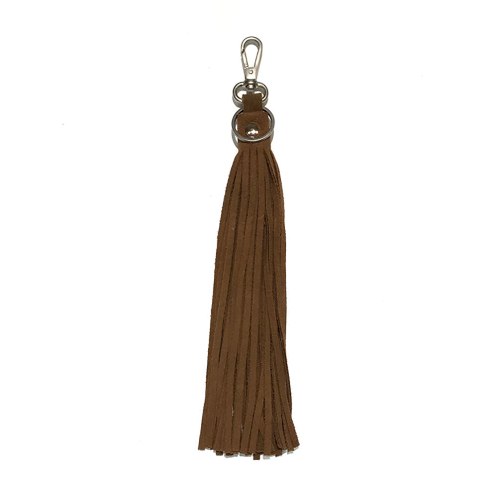 Tan Genuine Leather Tassel Bag Charm adds a touch of luxury to any bag. Made from high-quality leather, it is durable and stylish. Its classic design will elevate any handbag or backpack, and its versatility allows easy customization and personalization. Add a chic touch to your bag today. 