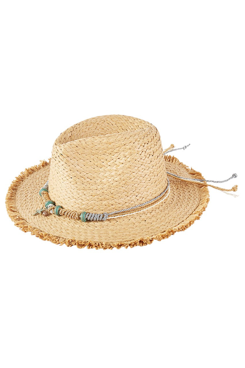 Taupe Braided Starfish Band Frayed Straw Summer Sun Hat features a distinctive braided starfish band and stylish frayed edges. The wide brim provides optimal UV protection while maintaining breathability, making it an essential accessory for beach outings, resort wear, or any outdoor summer activity. Lightweight construction ensures all-day comfort.