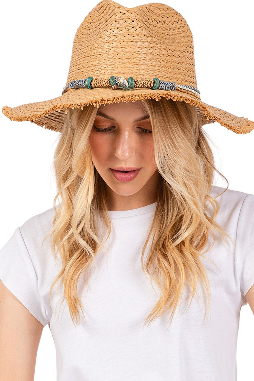 Taupe Braided Starfish Band Frayed Straw Summer Sun Hat features a distinctive braided starfish band and stylish frayed edges. The wide brim provides optimal UV protection while maintaining breathability, making it an essential accessory for beach outings, resort wear, or any outdoor summer activity. Lightweight construction ensures all-day comfort.
