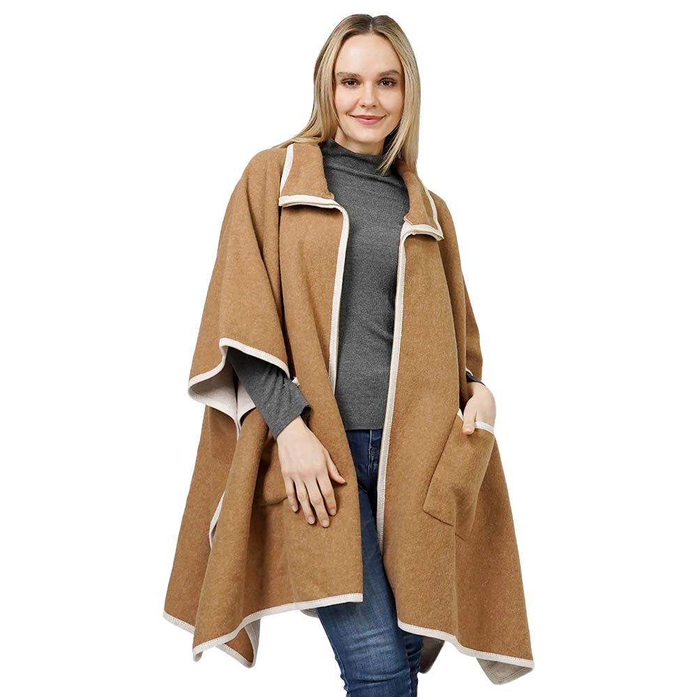 Taupe Contrast Trimmed Zip Up Cape Poncho, is delicate, warm, on-trend & fabulous, a luxe addition to any cold-weather ensemble. Great for daily wear in the cold winter to protect you against the chill, classic infinity-style zip-up poncho. Perfect Gift for wife, mom, birthday, holiday, etc.