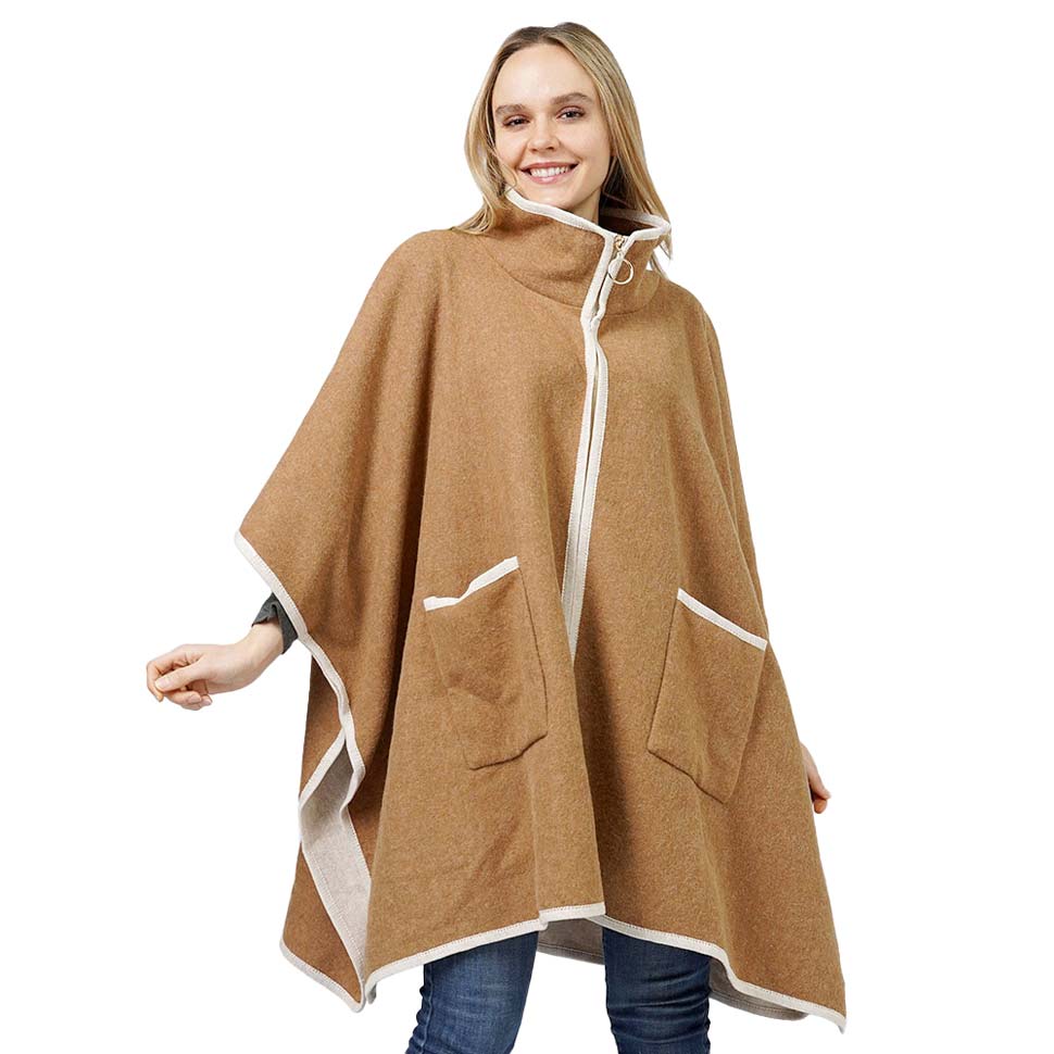Taupe Contrast Trimmed Zip Up Cape Poncho, is delicate, warm, on-trend & fabulous, a luxe addition to any cold-weather ensemble. Great for daily wear in the cold winter to protect you against the chill, classic infinity-style zip-up poncho. Perfect Gift for wife, mom, birthday, holiday, etc.