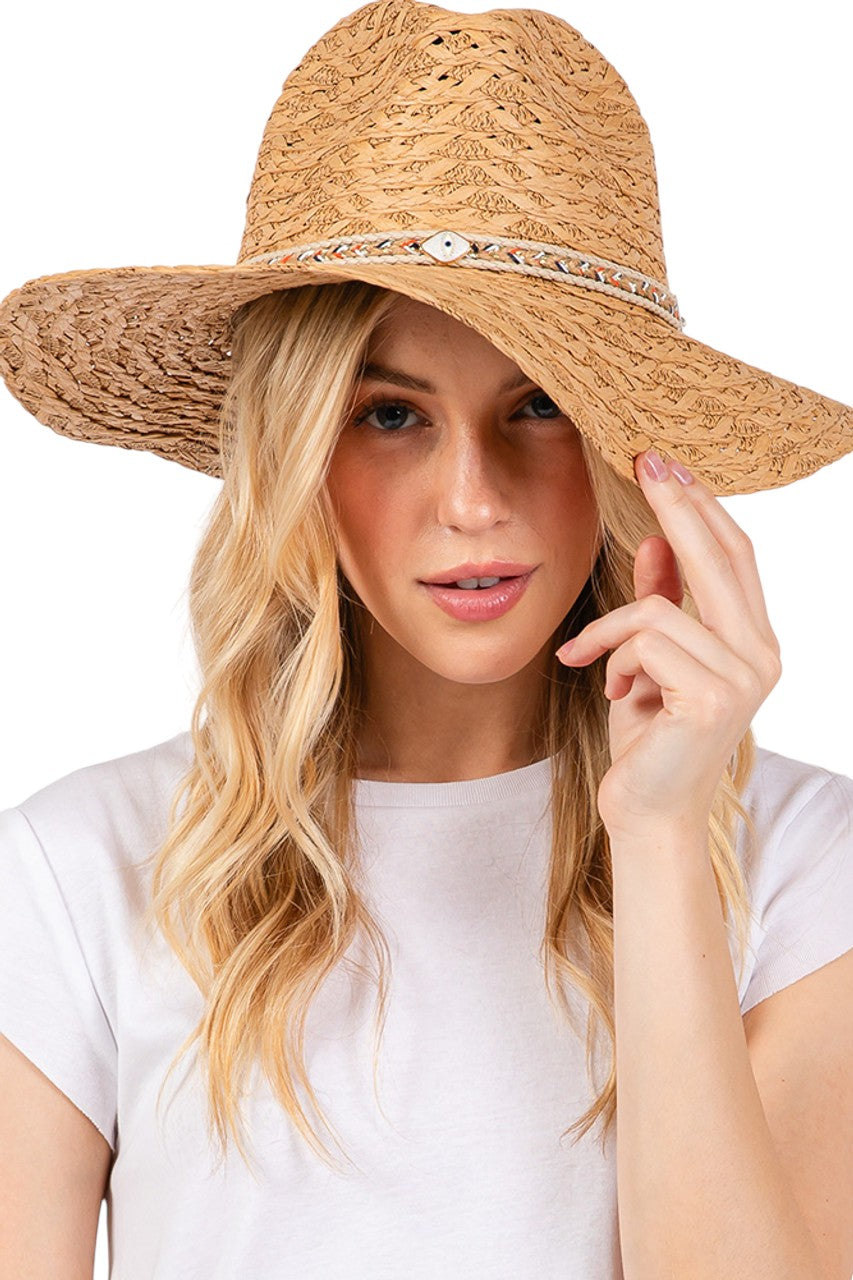 Taupe Evil Eye braided band sun hat offers superior protection against harsh summer rays while maintaining breathability. The distinctive evil eye motif adds a sophisticated touch to casual outfits. Lightweight construction ensures comfort during extended wear, making it an essential accessory for beach outings, garden parties, or everyday sun protection.