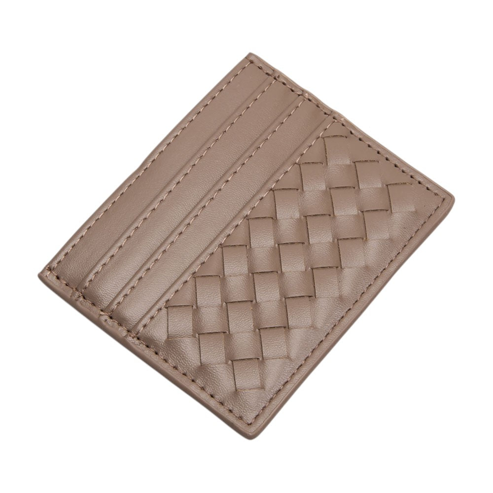 Taupe Faux Leather Basket Weave Card Holder Wallet boasts a stylish basket weave design. Made from durable materials, it can securely hold multiple cards and cash while keeping a slim profile. Perfect for those looking for a sophisticated and functional accessory.