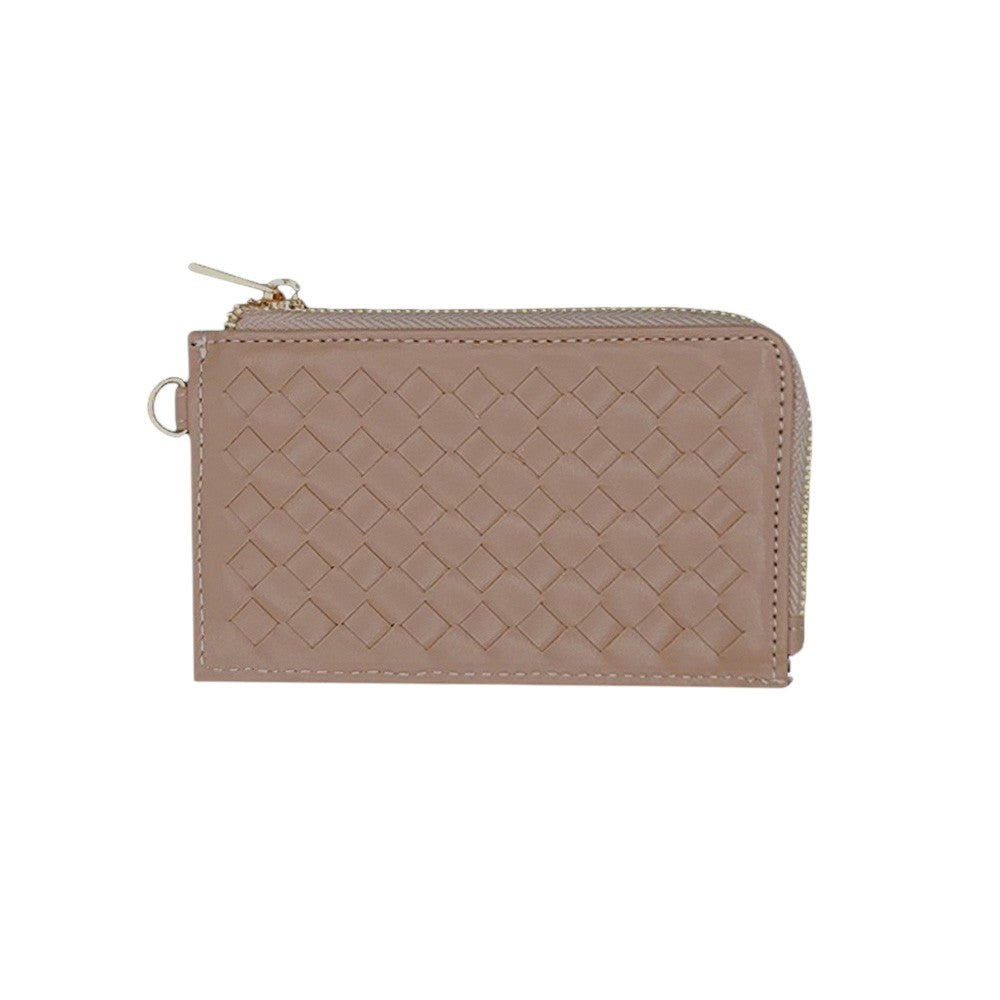 Faux Leather Basket Weave Flat Card Holder Wallet with Wristlet - Taupe - Wallets