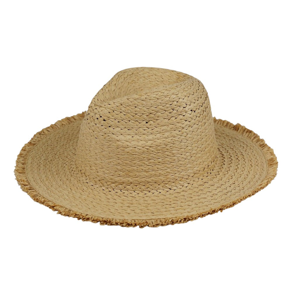Taupe Frayed Solid Straw Sun Hat is the perfect addition to your summer wardrobe. Made with high-quality straw, it offers both style and functionality, keeping you cool and protected from the sun's rays. Its frayed edge adds a touch of effortless chic to any outfit. A must-have for any beach or outdoor adventure. 