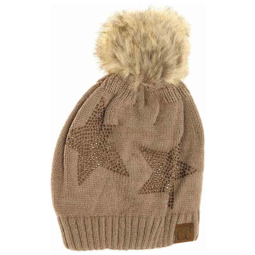 Taupe Rhinestone Star Fur Pom CC Beanie offers a sophisticated blend of functionality and style. Crafted with high-quality knit fabric, it provides exceptional warmth and comfort during colder months. The distinctive rhinestone star embellishment adds a subtle sparkle, while the soft fur pom delivers a fashionable yet cozy finish. Ideal for elevating everyday winter ensembles, this beanie strikes a perfect balance between practicality and a refined aesthetic. 