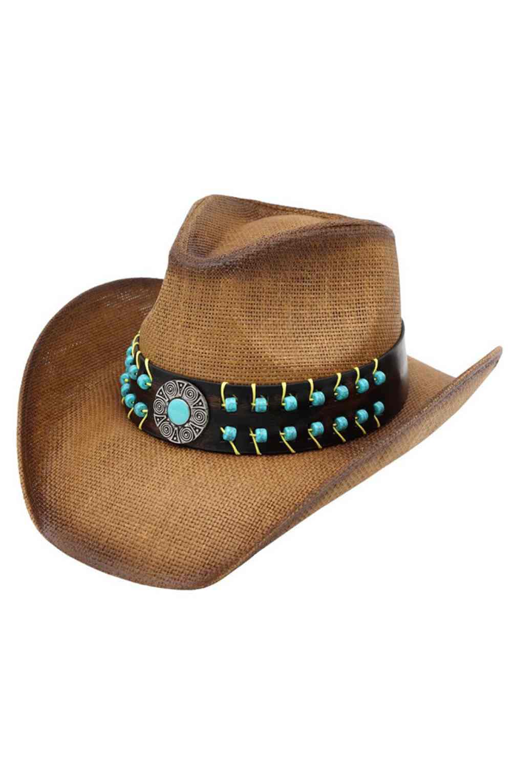 Taupe Embrace Western style with this striking cowboy hat featuring an antiqued concho and vintage turquoise beaded embellishments. Crafted from 100% paper, this lightweight hat delivers authentic cowgirl charm with a touch of bohemian flair. Perfect for festivals, ranch days, or making a bold fashion statement. The intricate beadwork and aged metal details add character and sophistication to any outfit.