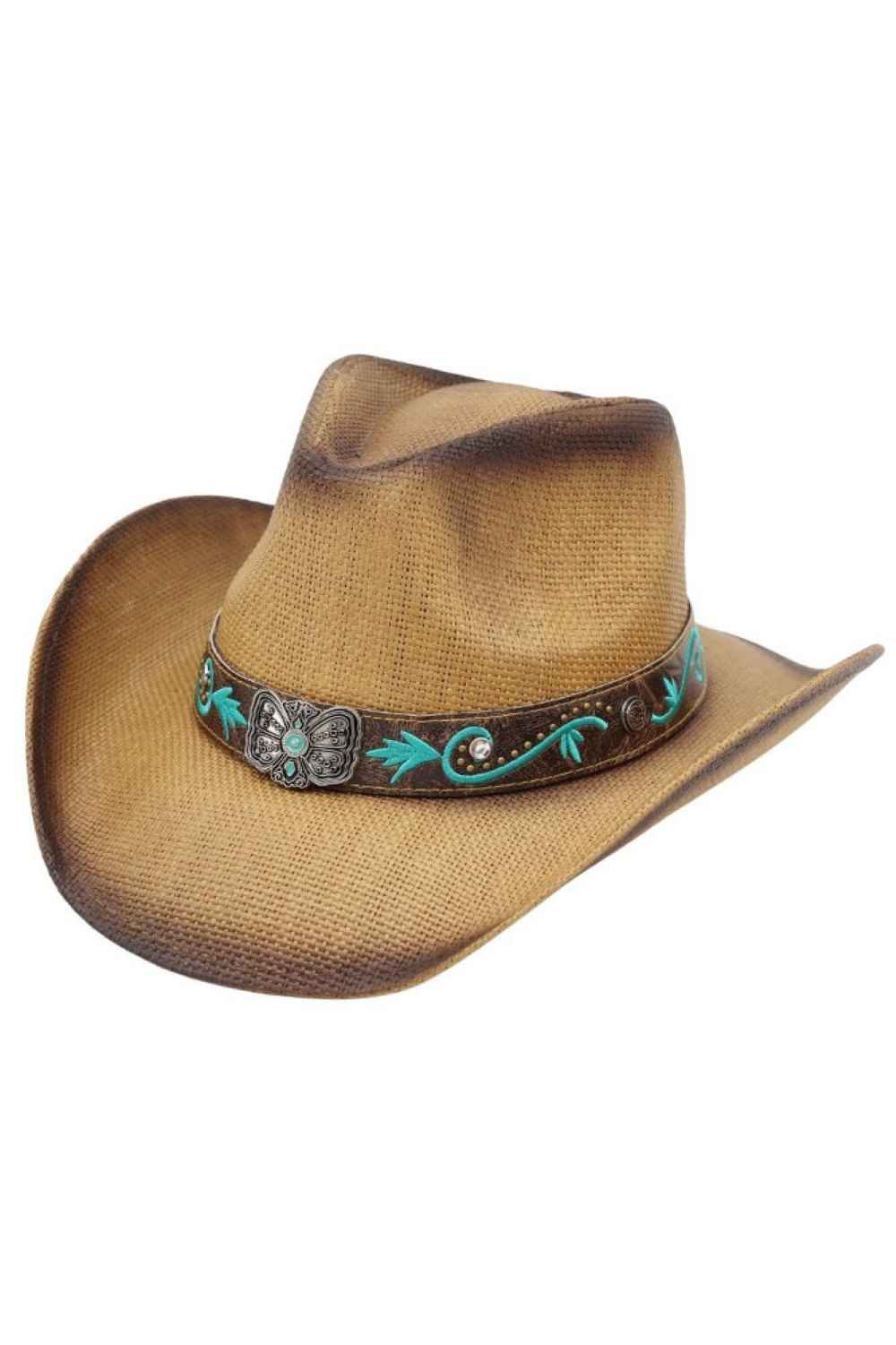 Taupe Embrace Western charm with this stunning straw cowboy hat, featuring an eye-catching butterfly concho and vibrant turquoise bloom band. Crafted from 100% paper straw, this distressed design delivers authentic cowgirl style with a modern twist. Perfect for sun protection at the ranch, festival, or everyday wear. Lightweight and breathable, it's your go-to accessory for making a bold statement under the open sky.