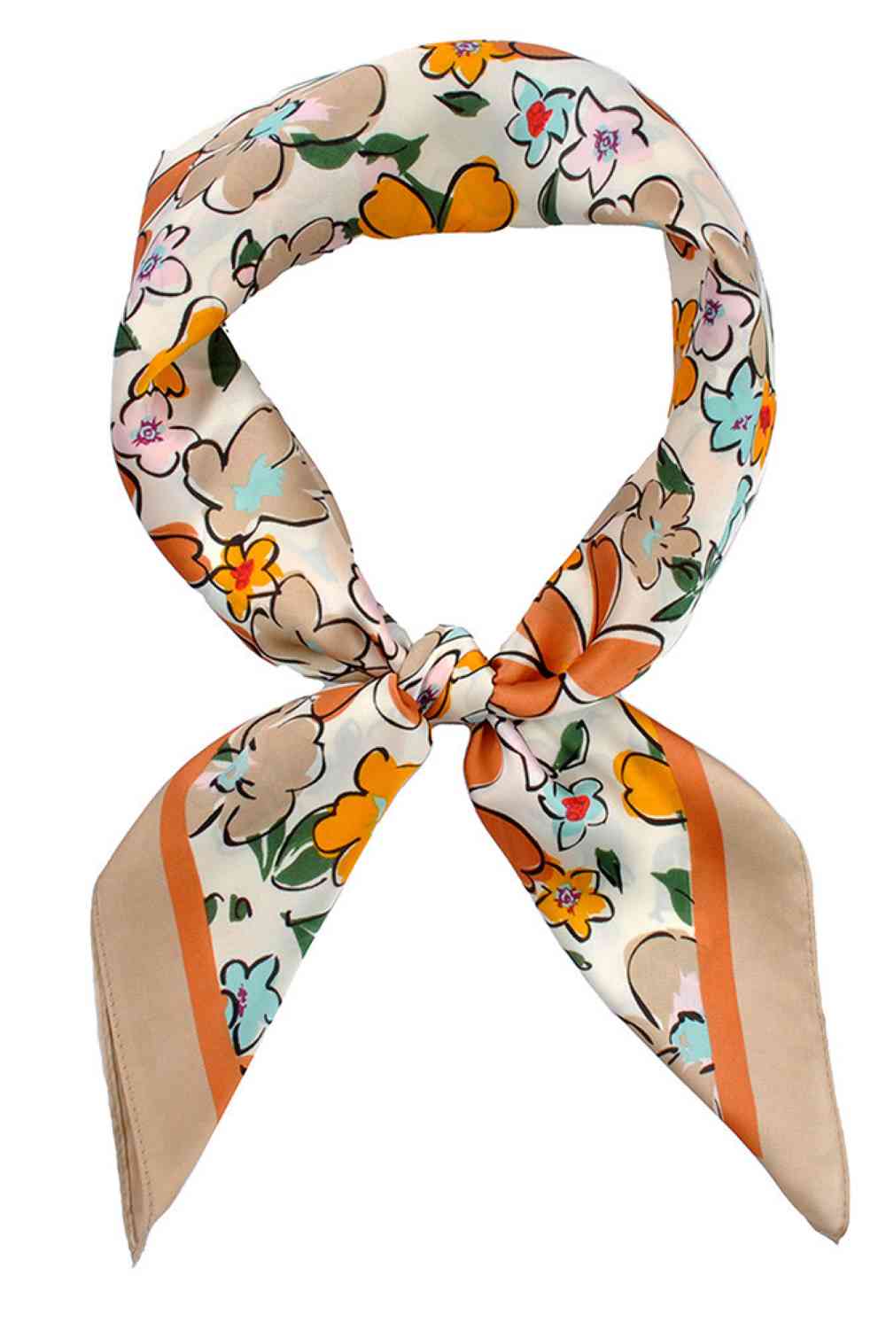 Taupe Elevate your summer style with this charming floral illustrated print bandana scarf. Crafted from lightweight 100% polyester, it's perfect for warm weather wear tie it around your neck, head, or wrist for effortless versatility. The generous 27.5" x 27.5" square design offers endless styling possibilities. Whether you're heading to the beach, running errands, or adding a pop of color to any outfit, this scarf delivers comfort and flair in one beautiful piece.