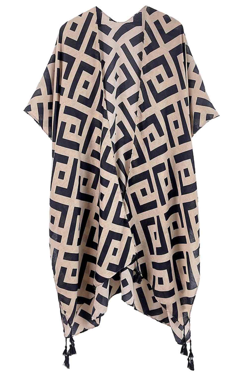Taupe Elevate your layering game with this stunning geometric pattern print tassel kimono. Crafted from lightweight 100% polyester, it drapes beautifully over any outfit for an effortless bohemian vibe. The intricate geometric design paired with charming tassels adds visual interest and movement to your look. Perfect for beach days, casual outings, or cozy evenings at home. Generously sized at 35.4" x 35.4", it offers comfortable coverage and versatile styling options. A must-have piece for anyone seeking t