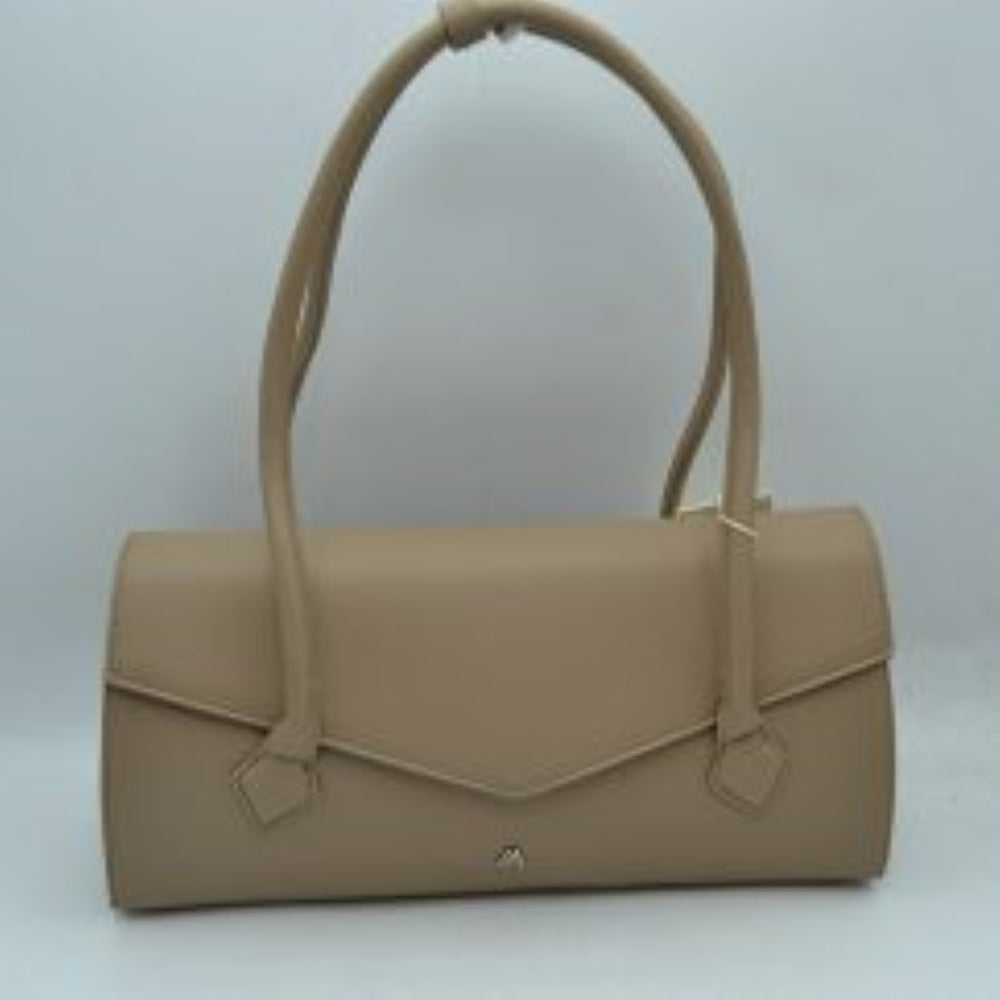 Taupe This structured shoulder bag features a sleek, elongated East-West silhouette with a smooth exterior finish, making it a sophisticated choice for modern everyday use. The front panel is defined by an elegant envelope-style flap with a subtle pointed edge, highlighted by a minimalist metallic logo emblem near the bottom center. Equipped with long, rounded double shoulder straps that attach to the body with decorative stitched patches