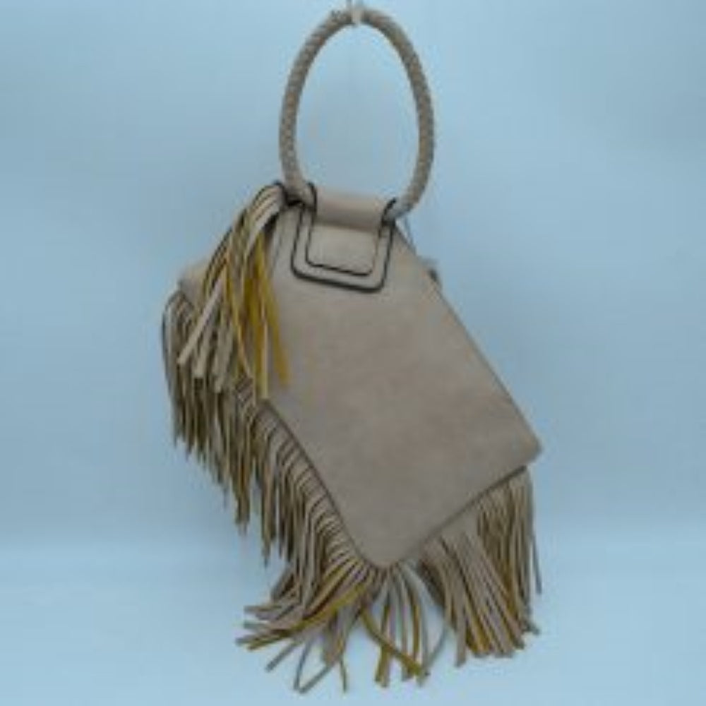 Taue This everyday clutch bag features a smooth, structured body prominently styled with long cascading fringe accents along the lower trim and side panel. Designed for convenient hand carrying, it is equipped with a distinctively braided, circular top handle anchored securely to a reinforced upper flap. The main storage compartment features a secure top zipper closure with metallic teeth