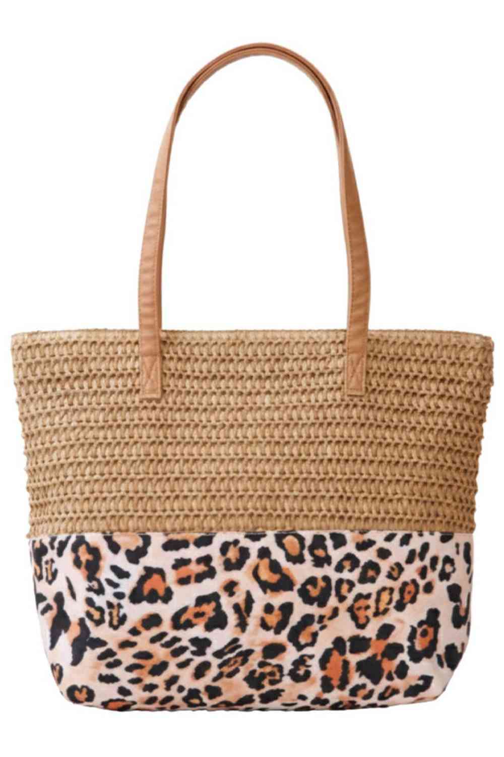 Taupe Carry your essentials in style with this eye-catching leopard pattern tote bag. Featuring a classic straw construction combined with bold fabric print detailing, this 18" x 14" x 5" bag offers the perfect blend of texture and trend. The secure zipper closure keeps your belongings safe, while the convenient inner pocket provides organized storage. Crafted from 100% polyester for durability and easy care. An ideal companion for shopping, travel, or everyday adventures.
