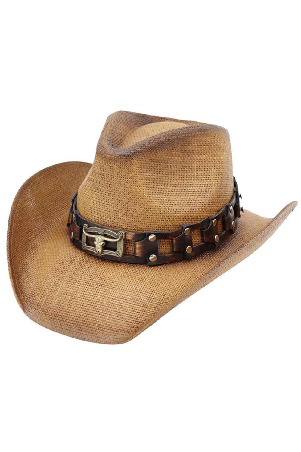 Taupe Embrace authentic Western style with this Longhorn Buckle Rugged Studded Band Cowboy Hat. Crafted from 100% paper, this lightweight hat features a striking studded band and iconic longhorn buckle detail that captures true cowboy and cowgirl spirit. Perfect for ranch days, festivals, or making a bold fashion statement. Made in China with quality construction that delivers classic Western charm.