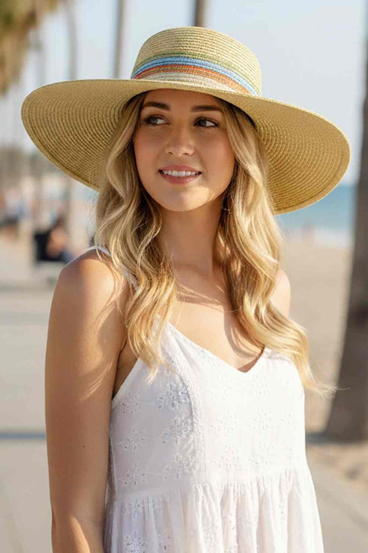 Multiple Stripes Wide Brim Straw Sun Hat - Taupe - Sun Hats