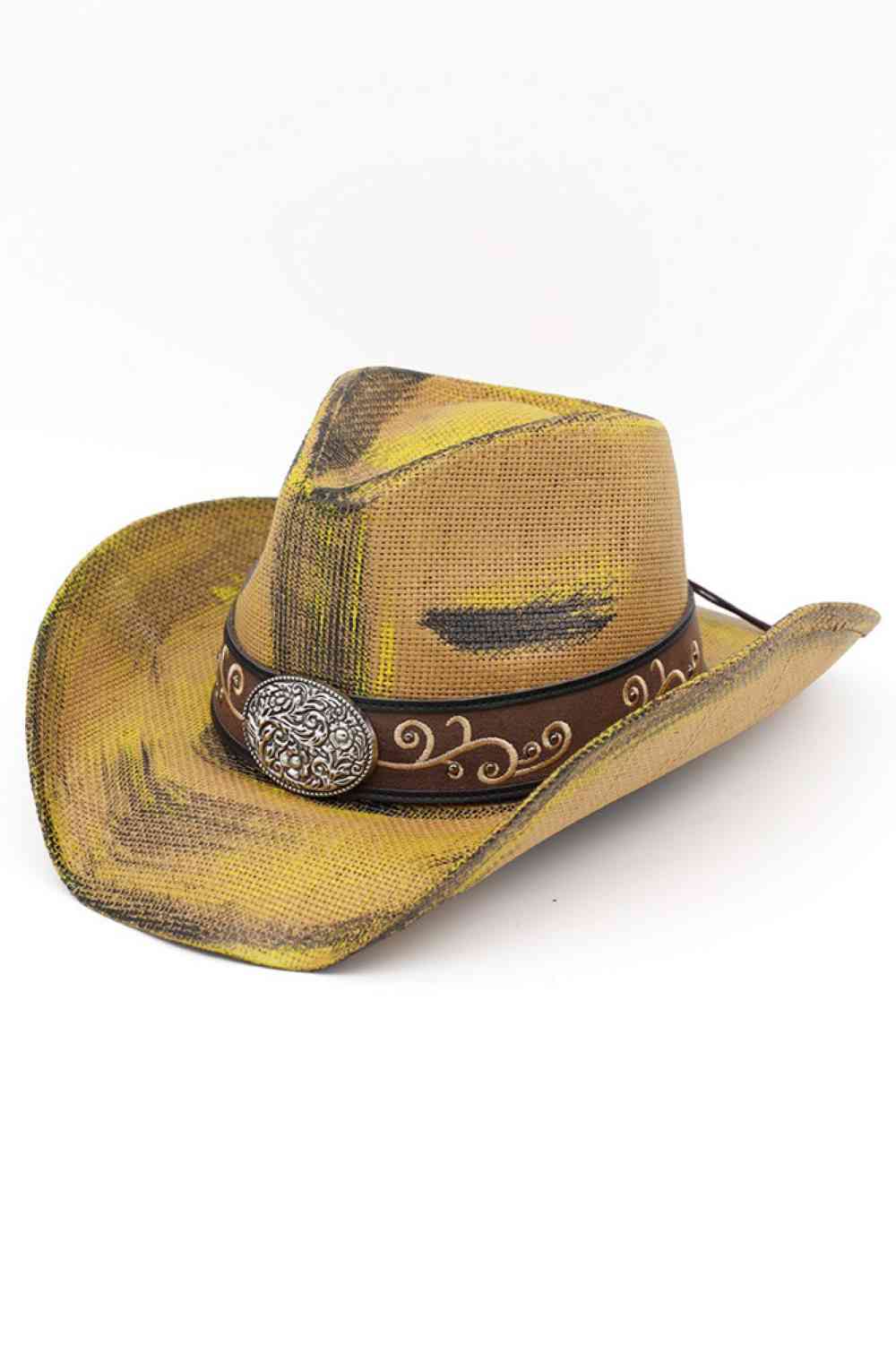 Taupe Embrace Western style with this rustic straw cowboy hat, featuring a faux leather band adorned with beads and studs for authentic cowgirl charm. Crafted from 100% paper material, it's lightweight and breathable perfect for outdoor adventures, festivals, or everyday wear. The silver accents add a touch of sparkle to your look. Made in China.