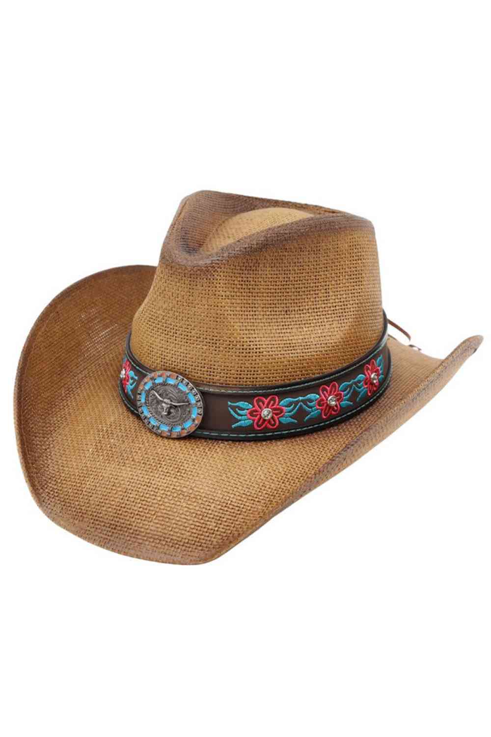 Taupe Elevate your western style with this striking straw cowboy hat, featuring intricate rhinestone flower embroidery and an iconic longhorn steer concho. Crafted from 100% paper straw, it offers breathable comfort for all-day wear. Perfect for rodeos, country events, or making a bold fashion statement. The detailed embellishments add a touch of glamour to classic cowboy charm.